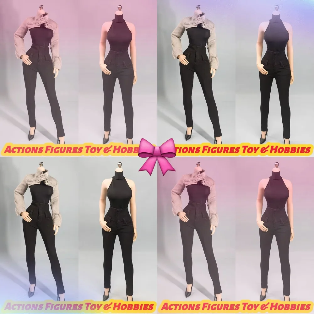 

【Only Clothes】1/6 Female Clothes Set Short Style Denim Jacket Turtleneck Base Vest Tight Pants for 12" Action Figure Model Toy