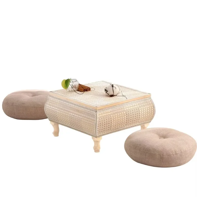 

Handwoven Rattan Tatami Stand, Minimalist Bay Window Tea Table, Solid Wood Desk, Window-Side Table, Rustic Furniture