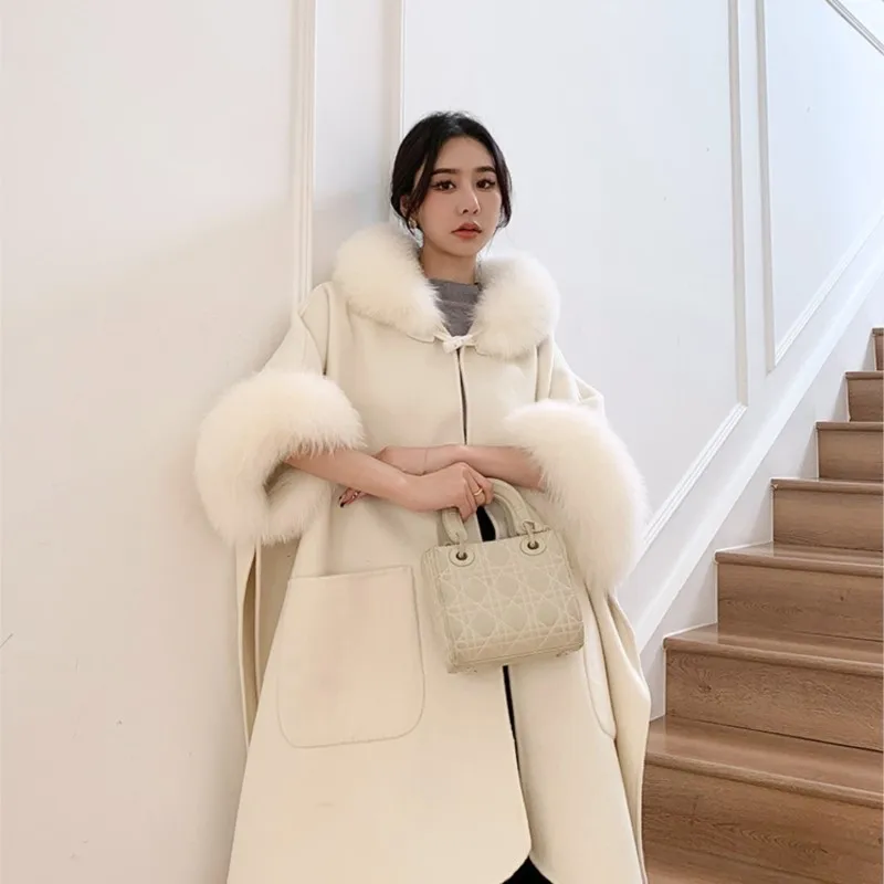 

2023 Winter New Double-Sided Wool Double-Faced Woolen Shawls Wool Coat Poncho Hooded Loose Fur Mid-Length Fox Fur Cuff Jackets