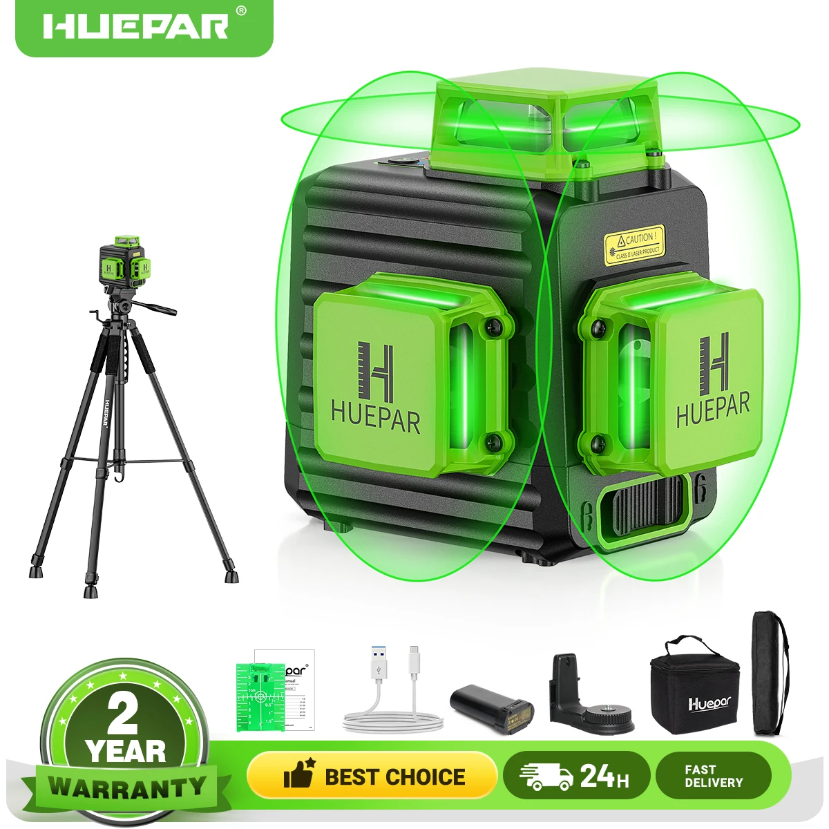 

Huepar 3D Laser Level Green Beam 12 Lines Self-Leveling Mode Cross Line Laser Level Tool With Magnetic Bracket & 1.2m Tripod Set