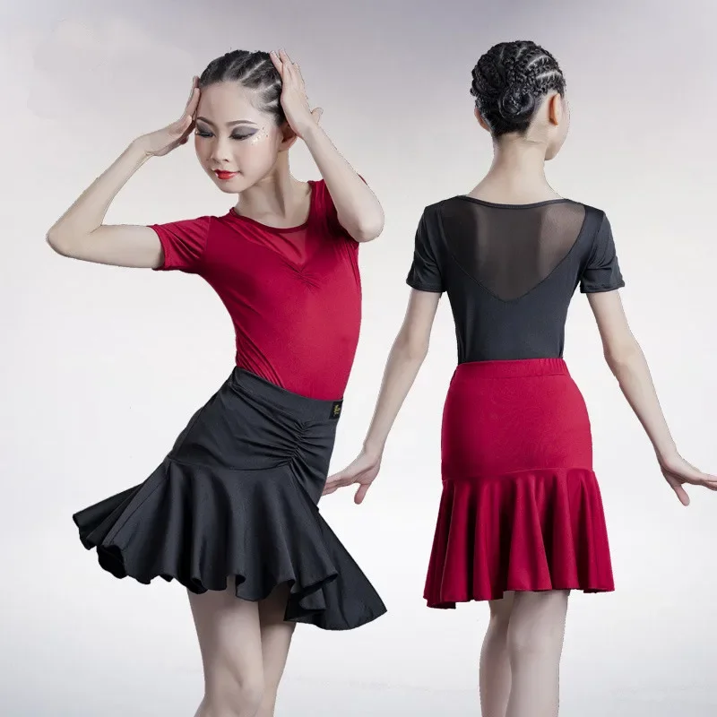 

Детское платье для латинских танцев, тренировочные платья, черная юбка для латинских танцев для женщин и девочек, юбка из спандекса для соревнований, экзаменационных танцев