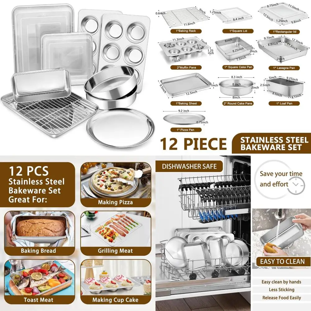 

p&p chef stainless steel bakeware set, 12-piece kitchen baking pans set, baking sheet with rack, square cake pan with lid, lasag