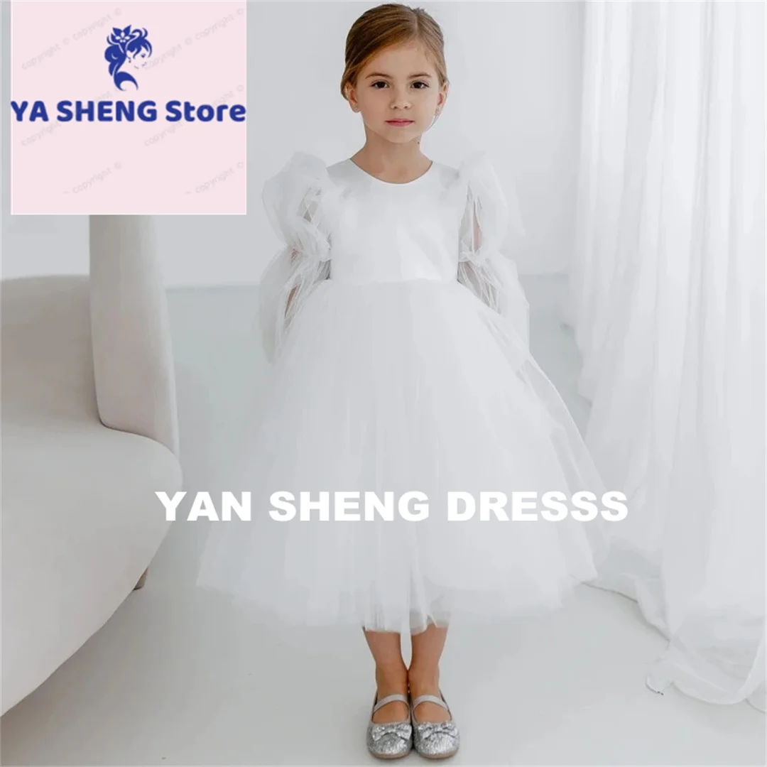 Customized Flower Girl Dresses White Tulle Puffy Long Sleeve For Wedding Birthday Party Banquet Holy Communion Gowns