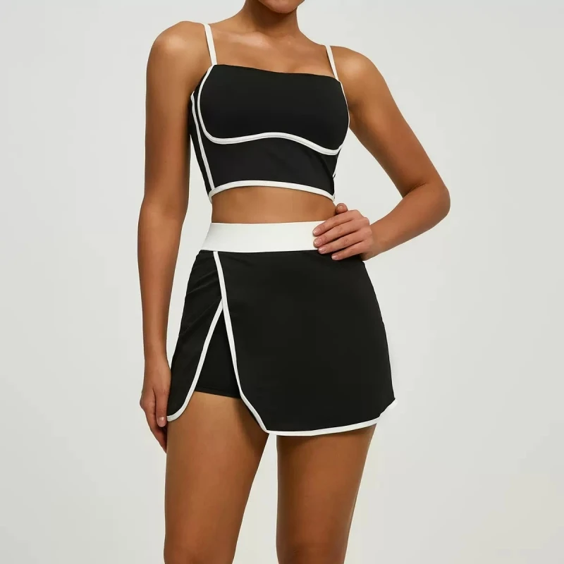 Women’s Tennis Outfit 2 Piece Square Neck Crop Top High Waist Skort with Built-in Shorts Workout Golf Set
