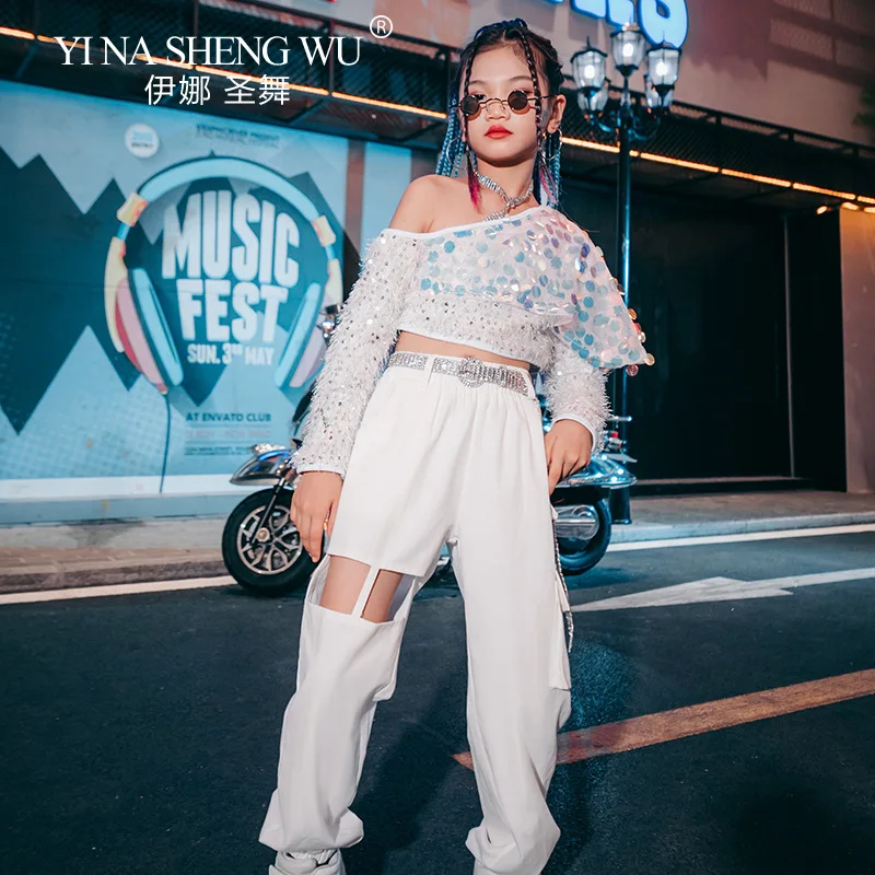 Girls Jazz Dance Suits K-pop Street Dance Hip-hop Costumes Fashionable Sequins Top Hollow Pants Set Kids Models Catwalk Costumes