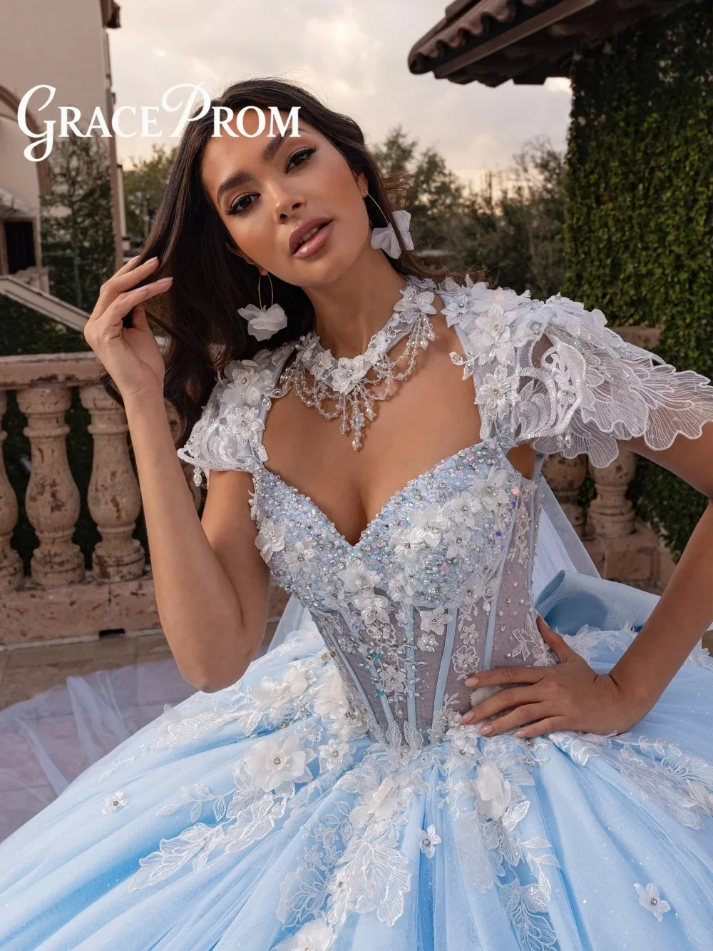 

Enchanting Sky Blue Quinceanera Dress Detachable Cape Sheer Bodice 3D Floral Appliques Glitter Tulle Sweet 16 Celebration
