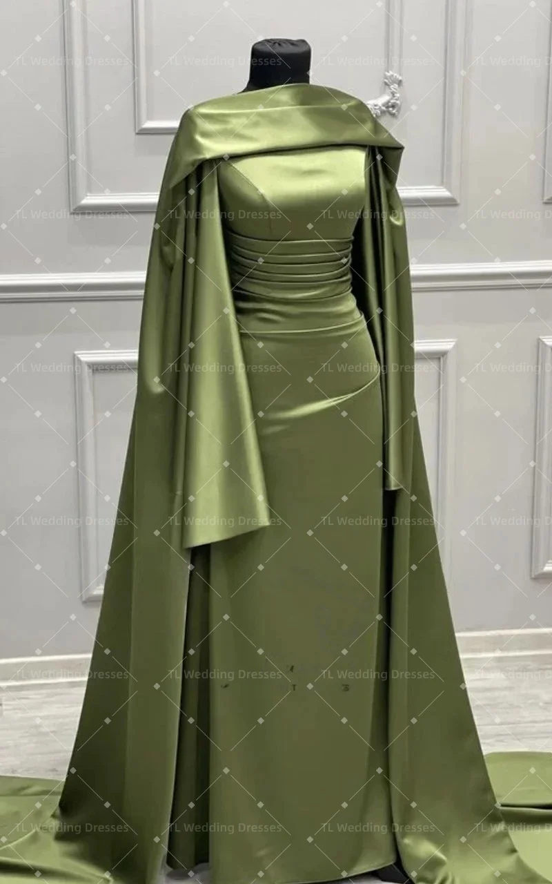 TL Maßgeschneidertes Elegantes Olivgrünes Abendkleid Muslimische Formelle Kleider Schal Satin Arabisch Langarm Abendroben Partykleid