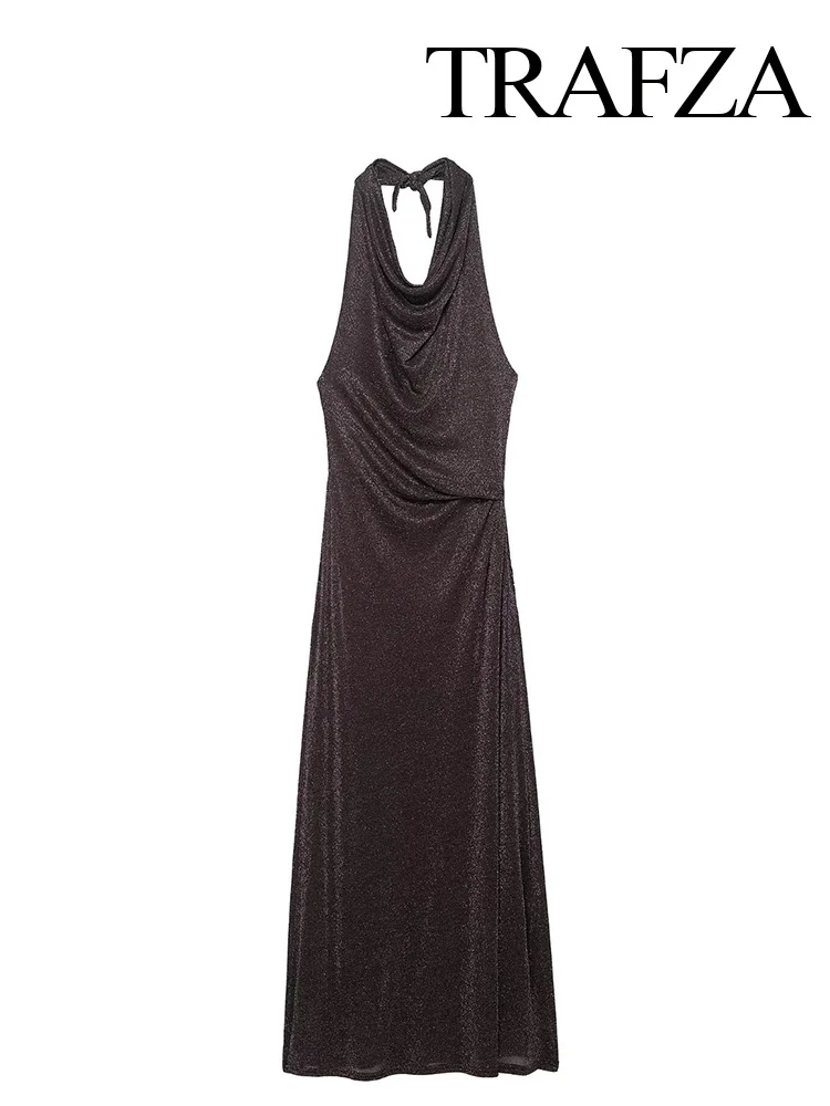 HH Vrouwen Mode Metallic Kleur Lijn Mouwloze Halter Hals Rits Midi Jurk Vrouwen Backless Versieren Effen Lange Jurk Mujer