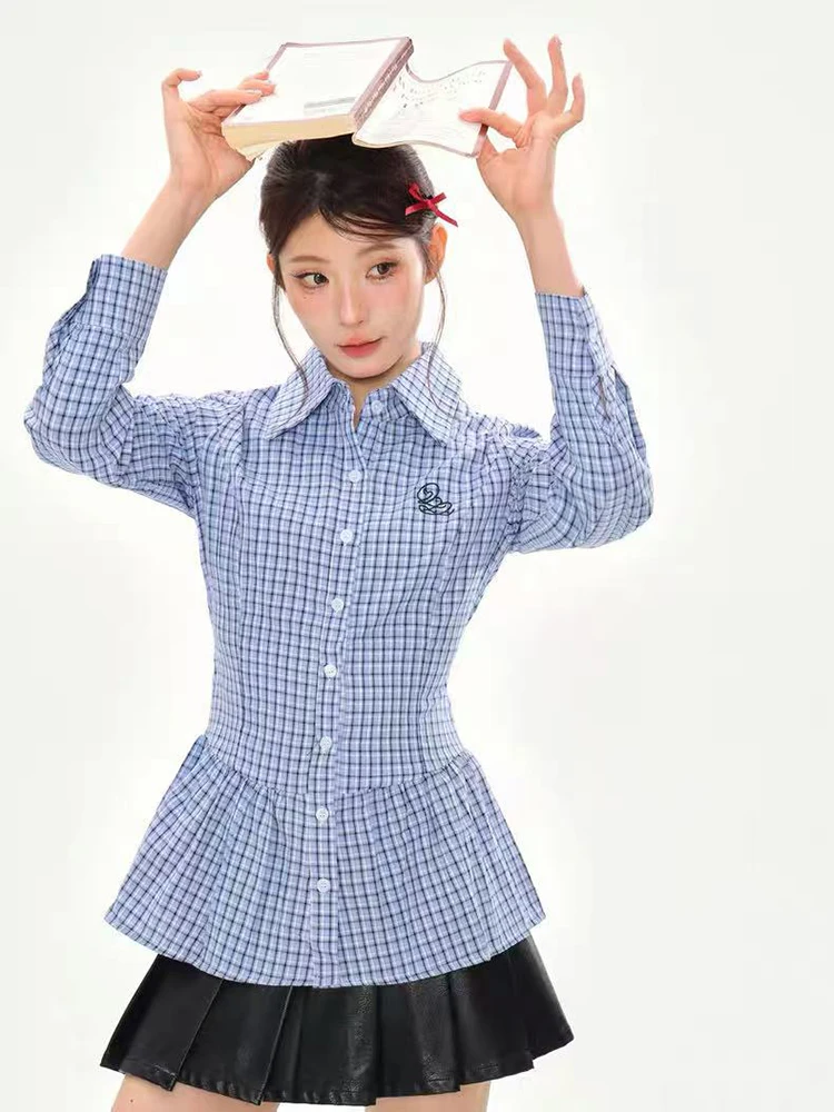 Geruite shirts voor dames herfst chic losse enkele rij knopen met veters Y2K Koreaanse baggy preppy blouse met lange mouwen mujer