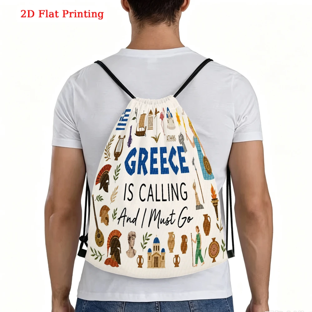 2D Flat Printing, Drawstring Backpack, Greece Is Calling Pattern, Fitness Sports Backpack, Outdoor Travel Drawstring Bag