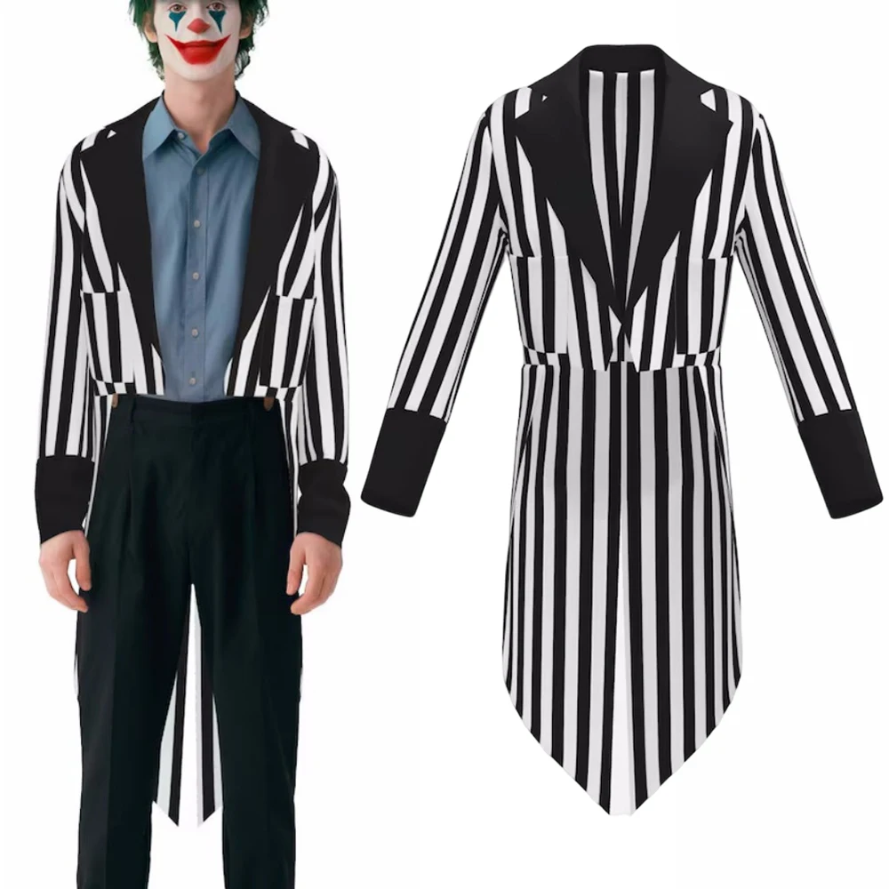 Medieval Gothic Black White Striped Ringmaster Tuxedo Victorian Men Steampunk Cutaway Circus Jacket Halloween Theatre Ghost Coat