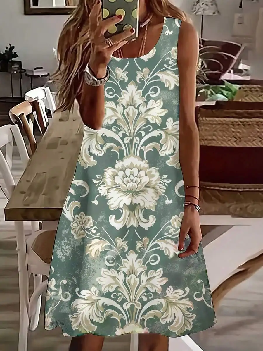 

Women Sleeveless Floral Print Dress Summer Casual A-Line