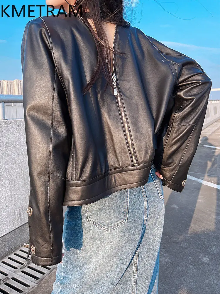 KMETRAM 100% Genuine Sheepskin Leather Jacket Woman V‑Neck Short Coats Stylish Zipper Design Autumn Coats 2026 Women Clothing 자켓