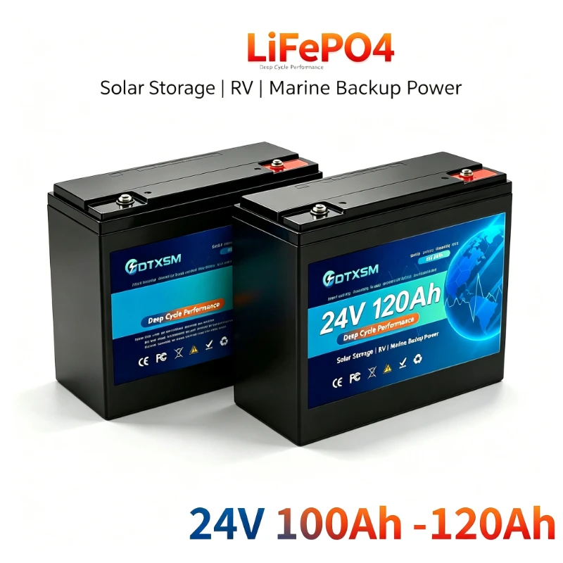 100% New LiFePO4 24V 100Ah Lithium Iron Phosphate Battery Built-in 100A BMS,for Solar Marine Overland Off-Grid LiFePo4 Battery