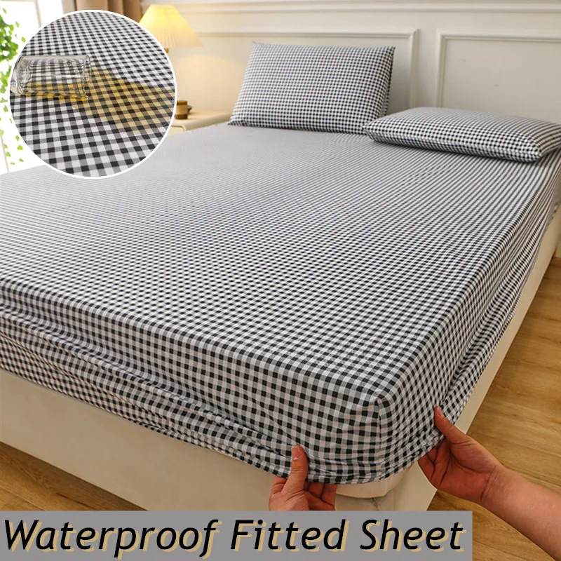 Waterproof Fitted Sheet Breathable Home Bed Sheets 90x200 Elastic Plaid Mattress Cover Queen Size sabanas(Pillowcase Need Order)