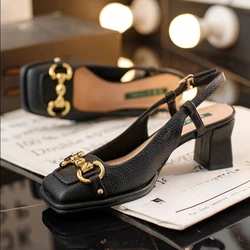 Women's Mid-heel  Summer French Style Flat Heel Casual Sandals Chunky Heel Mary Jane Shoes Black Green Talon Femme