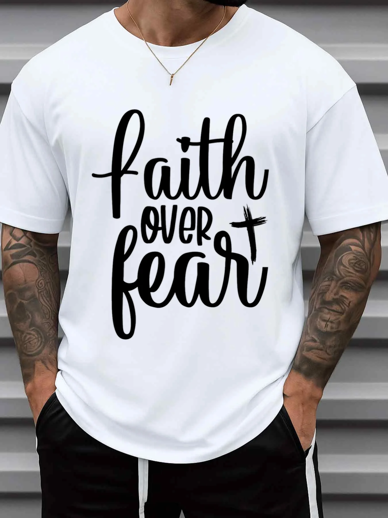 Men's Faith over Fear Scripture T-Shirt - Pure Faith Apparel with Inspirational Bible Print, Soft Crew Neck Casual Style, Suitable for Church, Prayer, and Everyday Comfort Wear