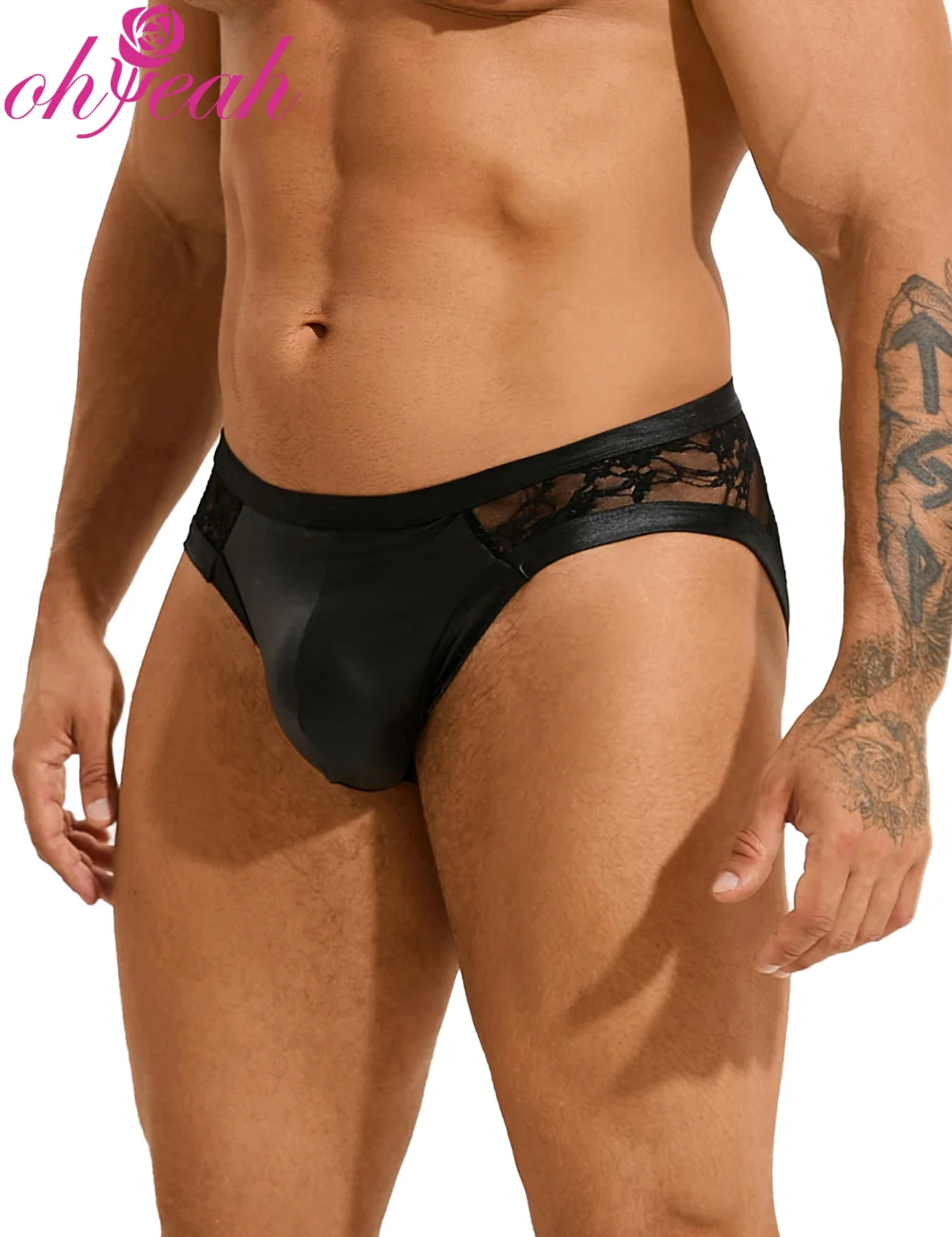 Ropa Interior Masculina de Encaje de Cuero PU Negro, Calzoncillos Triangulares Sexys con Bolsa en Forma de U, Elásticos y Ajustables, Talla Grande