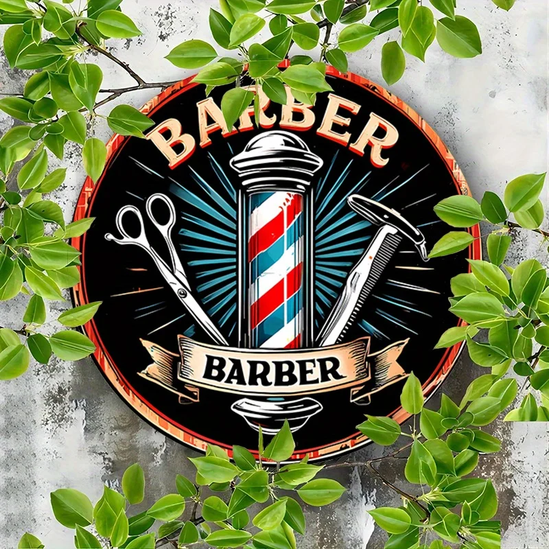[مسطح 21D] قطعة واحدة من لافتة ألومنيوم مستديرة لصالون الحلاقة - ديكور حائط معدني مستوحى من الطراز القديم مع مقص، ورسوم توضيحية لشفرات الحلاقة، P