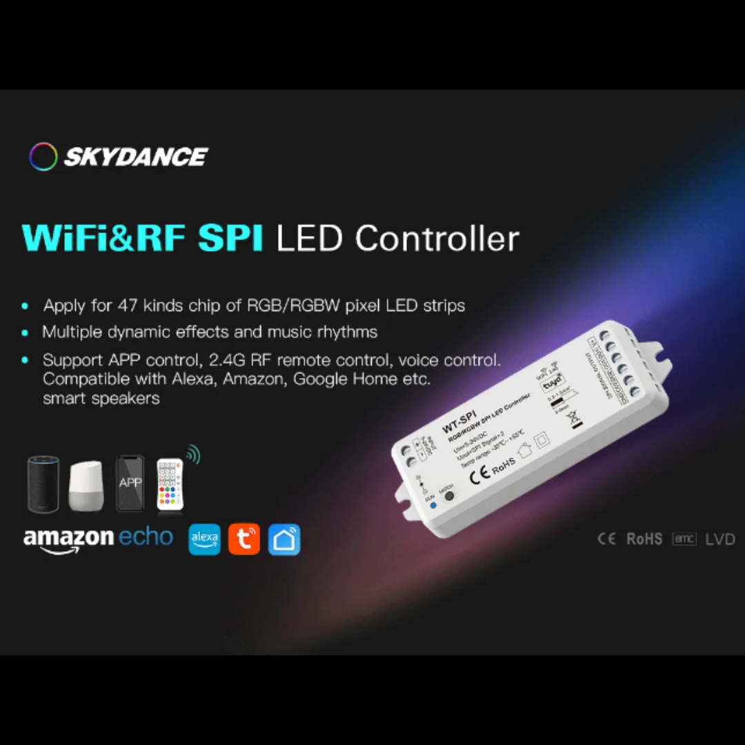 5V-24V Skydance Music WiFi + 2.4G RF RGB/RGBW Pixel IC SPI LED Controller Tuya WT-SPI R9 Remote for WS2812 Ws2811 LED Strip Module