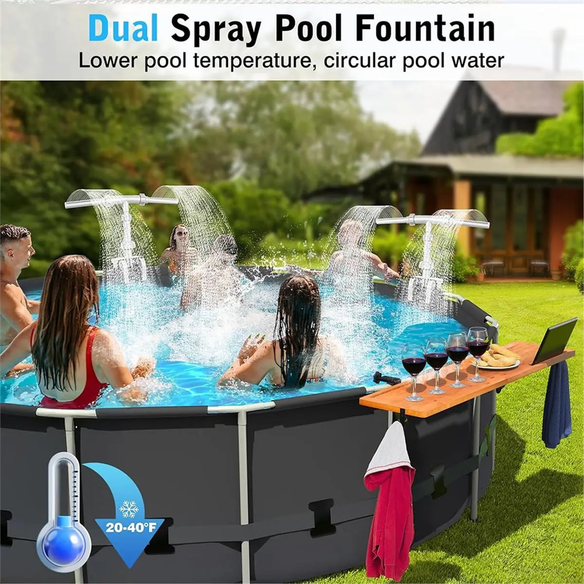 AT16 Above Ground Pool Fountain,360°Adjustable Dual Waterfall Fountains, Fits Top Rails From 1.18