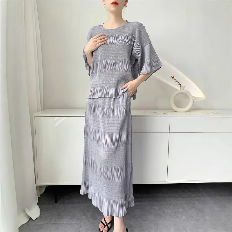 Miyake terno plissado feminino verão novo topo meia saia temperamento confortável casual simples tamanho grande elástico roupas de viagem
