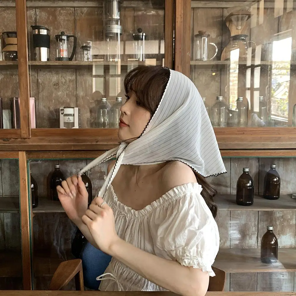 甘い水玉三角形スカーフ女性ストライプレースネックスカーフヘッドバンド韓国牧歌ヘッドラップ夏の日焼け止めヘアスカーフ