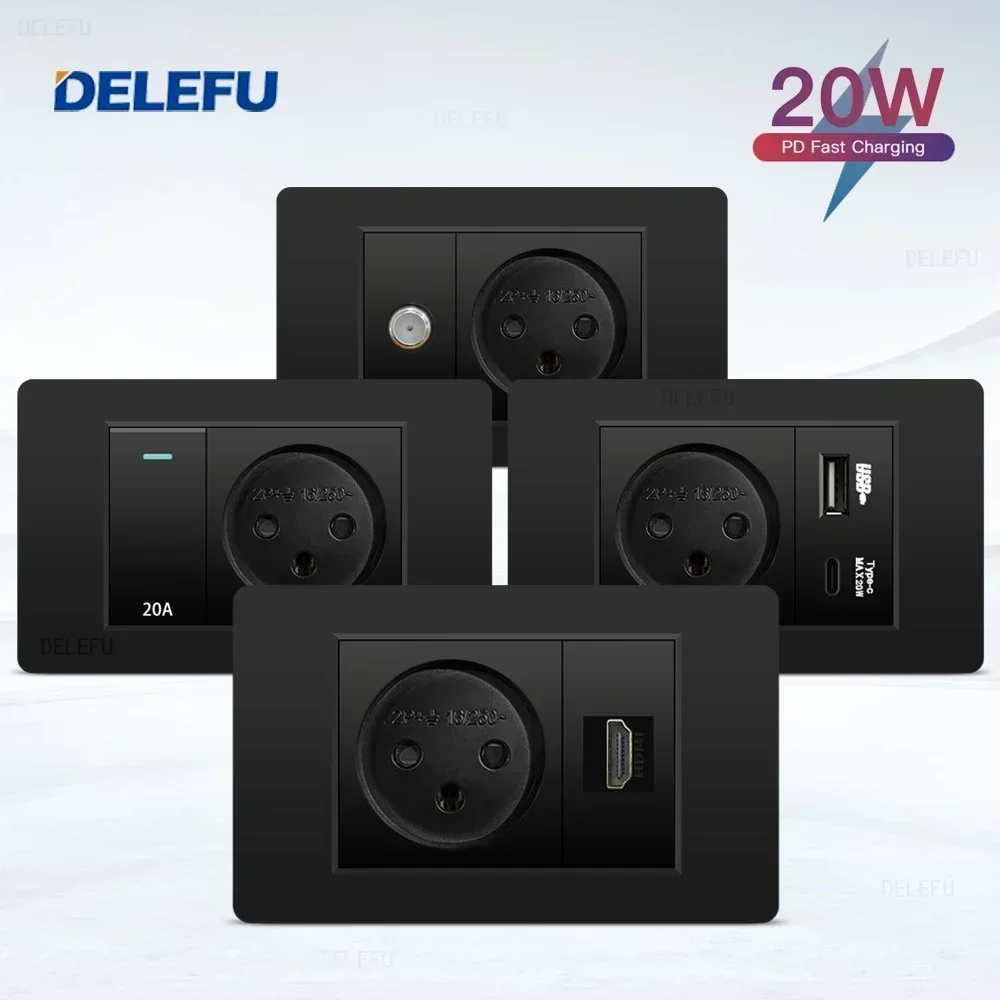 DELEFU Black Flame Retardant PC Israel Standard USB Type C Fast Charging Wall Socket Light Switch Satellite TV Tel CAT5 CAT6