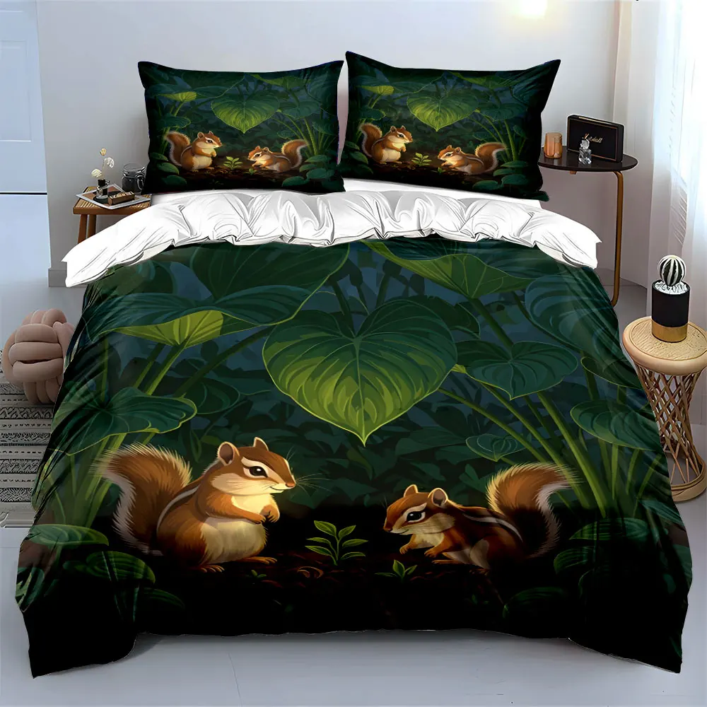 Squirrels guarding sprouts in forest Printed Duvet Cover Set 1 Duvet Cover+2 Pillowcase Multi Size Bedroom Bedding Decoration