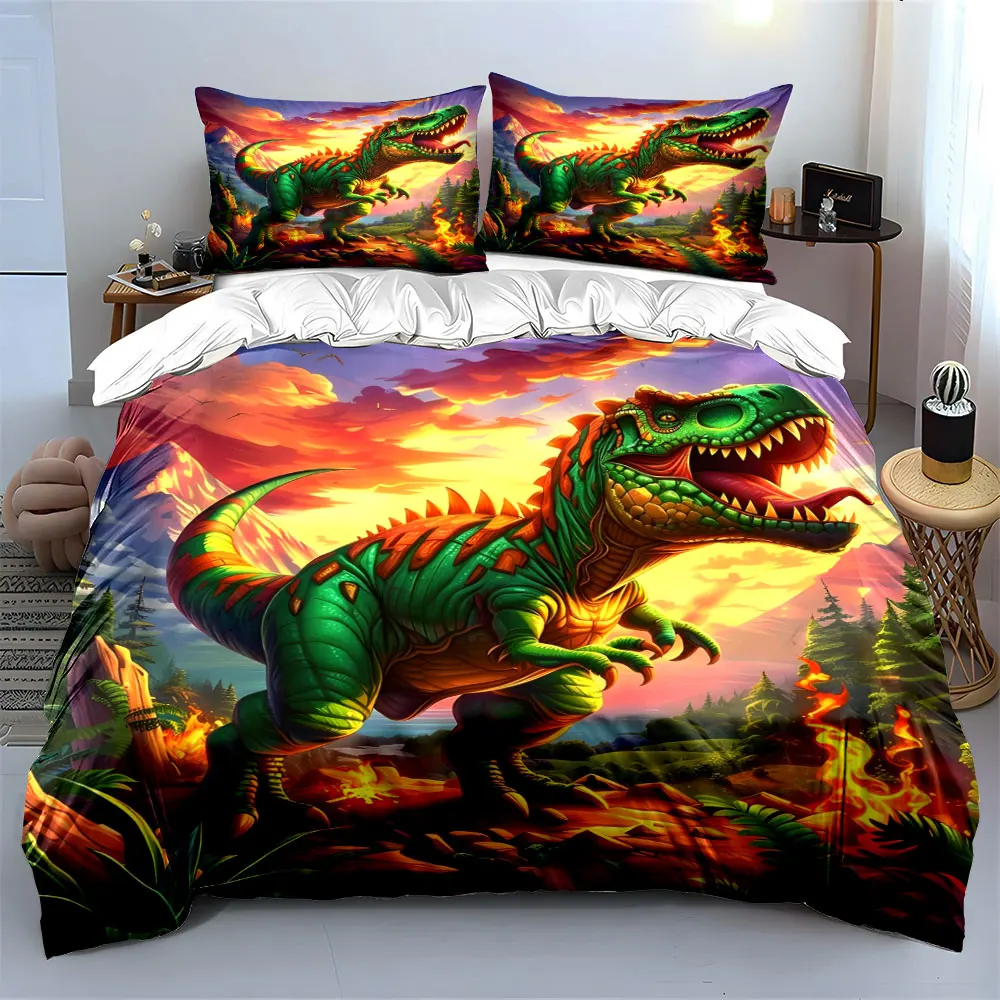 Colorful dinosaur amidst vibrant nature Print Bedding set 3PC 1 duvet cover 2 pillowcases adult and children bedding set