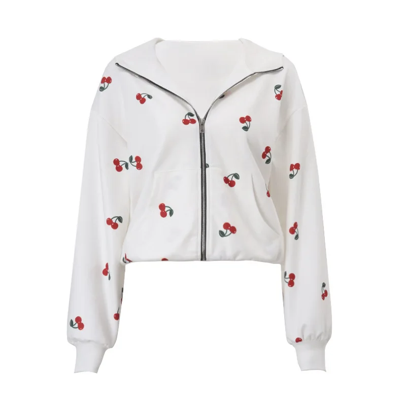 Autumn Zipper Hoodies Women Printed Cardigan Hooded Sweatshirts Casual Long Sleeve Cherry Pattern y2k Sporty Jacket Coats