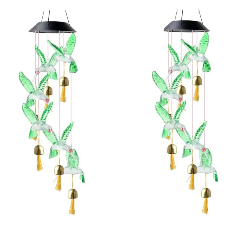 2 Pcs Solar bird Wind Chimes Outdoor,LED Color Changing Solar Wind Chime with 6 Bells,Solar Lights Garden Decor