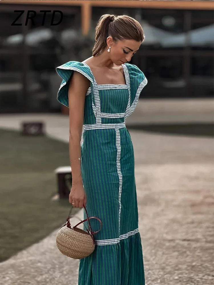 Vintage Square Collar Fly Sleeve Patchwork Dress Women High Waist Plaid Female Maxi Dresses 2024 Spring Summer Chic Beach Robes
