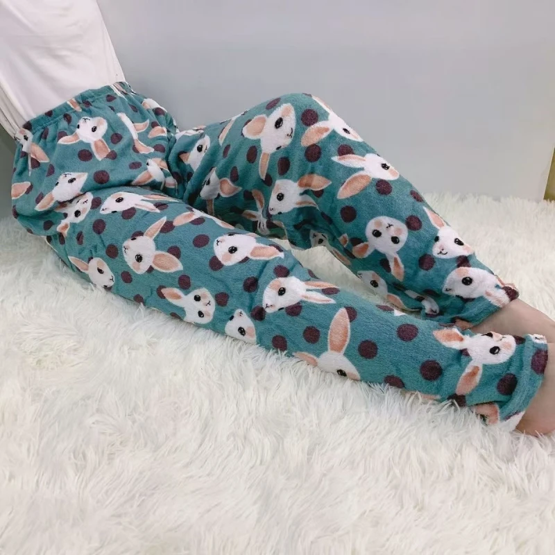 Winter Women\'s Plush Pajama Pants Warm Home Pants Loose Comfortable Elastic Waist Cute Cartoon Green Rabbit 2024