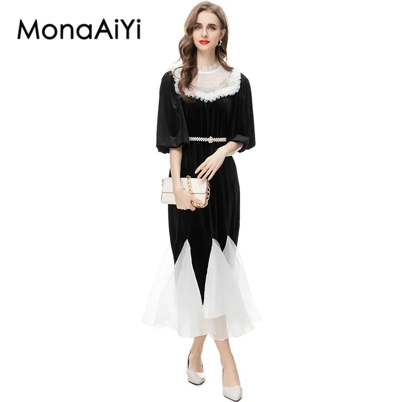 Monaiyi New Fashion Designer abito elegante retrò nero con paillettes a maniche corte con collo alto da donna