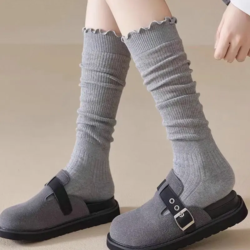 2025 Spring and Autumn Lace Pile Socks JK Mid Length Socks Paired with Boots Small Leather Shoes Harajuku Lolita Solid Stockings