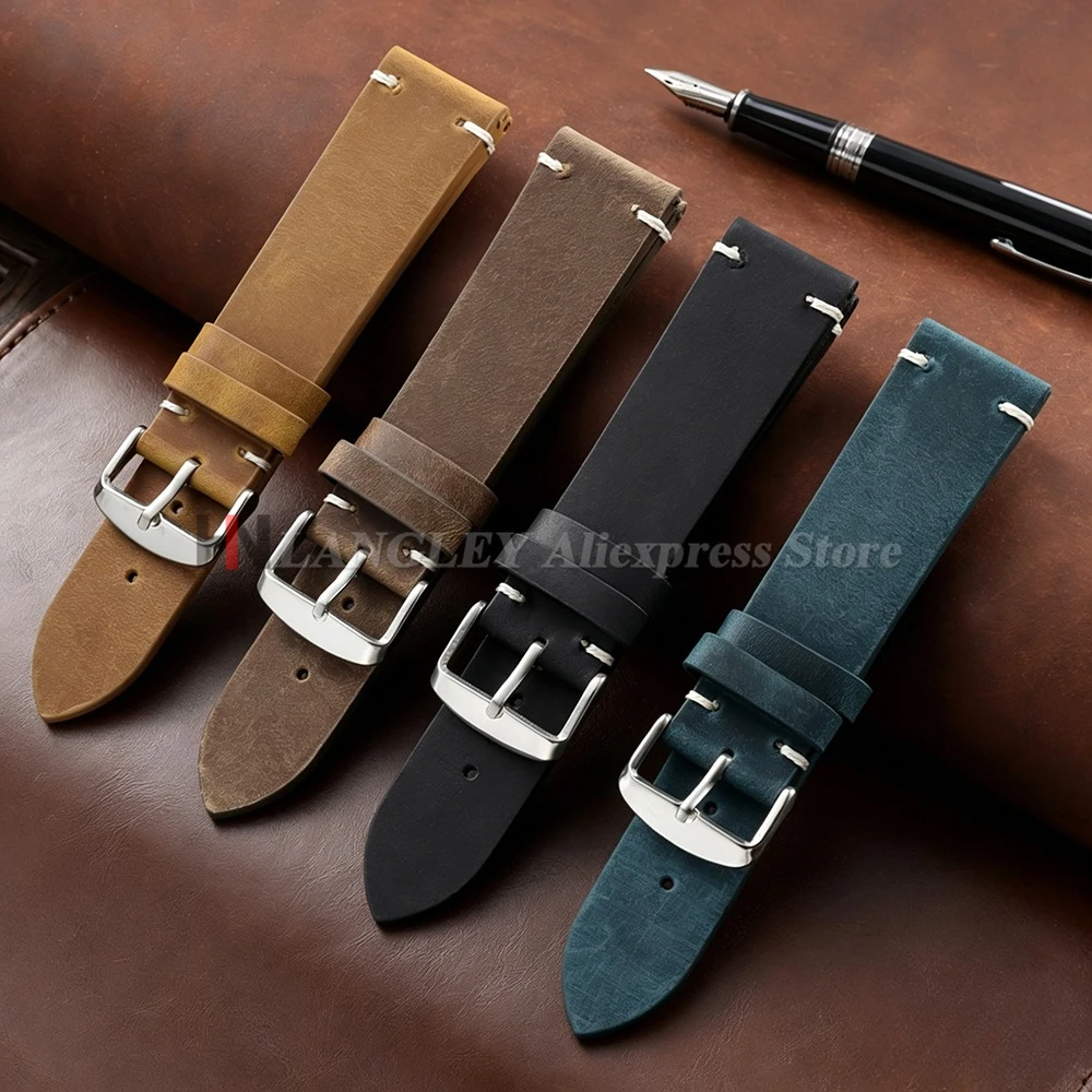 Vintage Oil Wax Cowhide Watch Band Handmade Stitching Strap for Omega for Seiko Smartwatch Wristband 18/19mm 20mm 21mm 22mm 24mm
