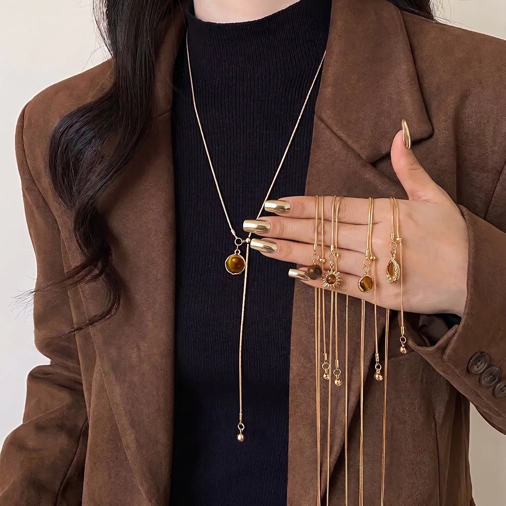 Natural Tiger Eye Drawstring Necklace for Women Gold Color Long Sweater Chain Boho Gift