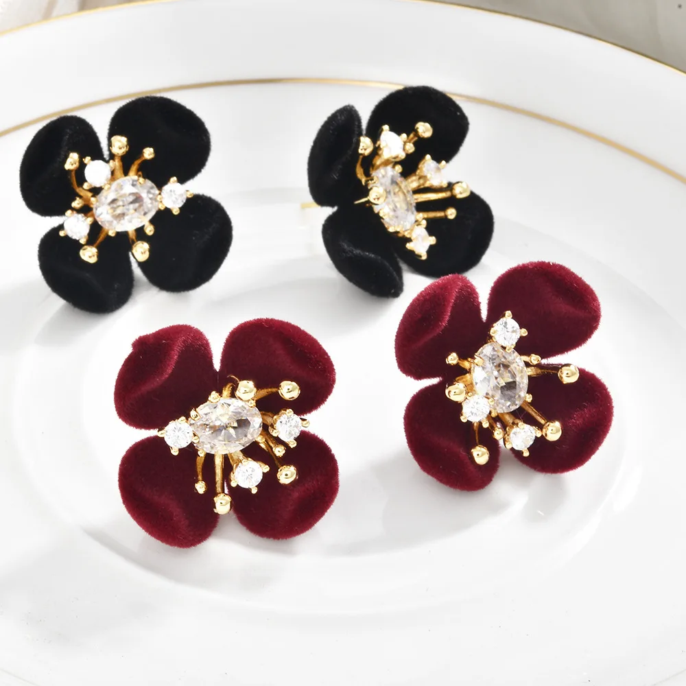 2025 autumn and winter new retro burgundy flocking flower stud earrings super flash zirconium unique design temperament fashion