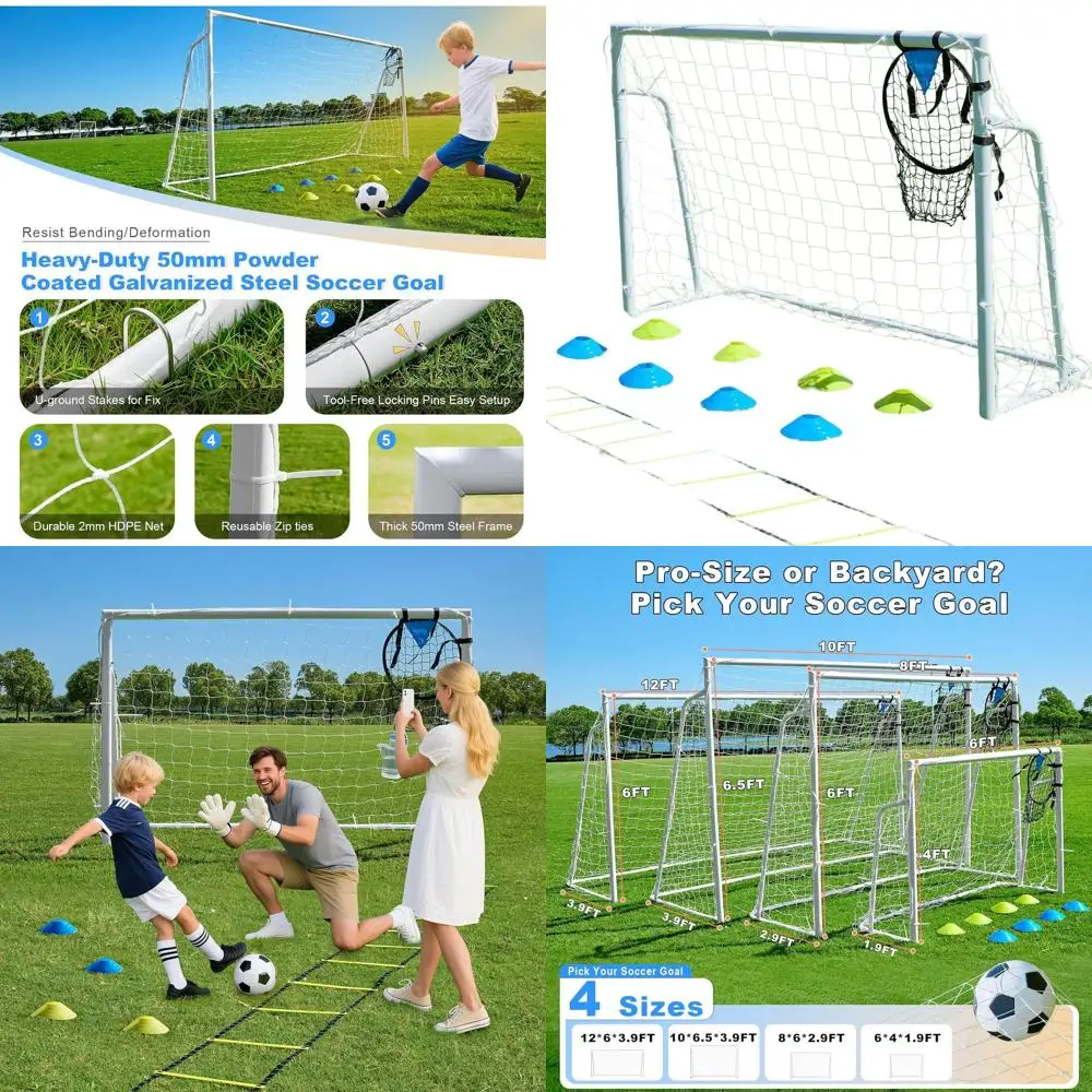 

Большие металлические футбольные ворота для игр на заднем дворе - размеры 12x6, 10x6.5, 8x6, 6x4 с лестницей для развития ловкости и сеткой для мишеней для молодежи и взрослых