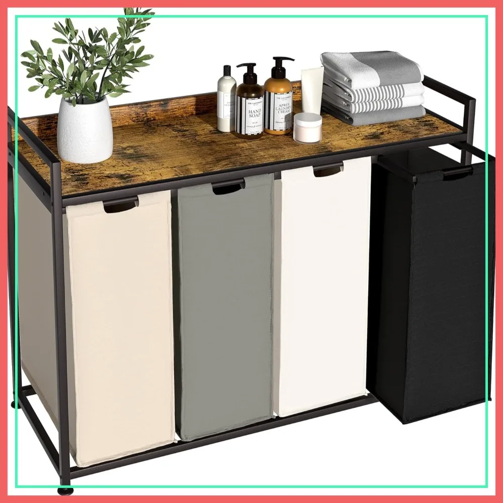 

4 Section Laundry Hamper with Shelf, Pull-Out Bags, 60L Each, Movable Wheels, Rustic Brown