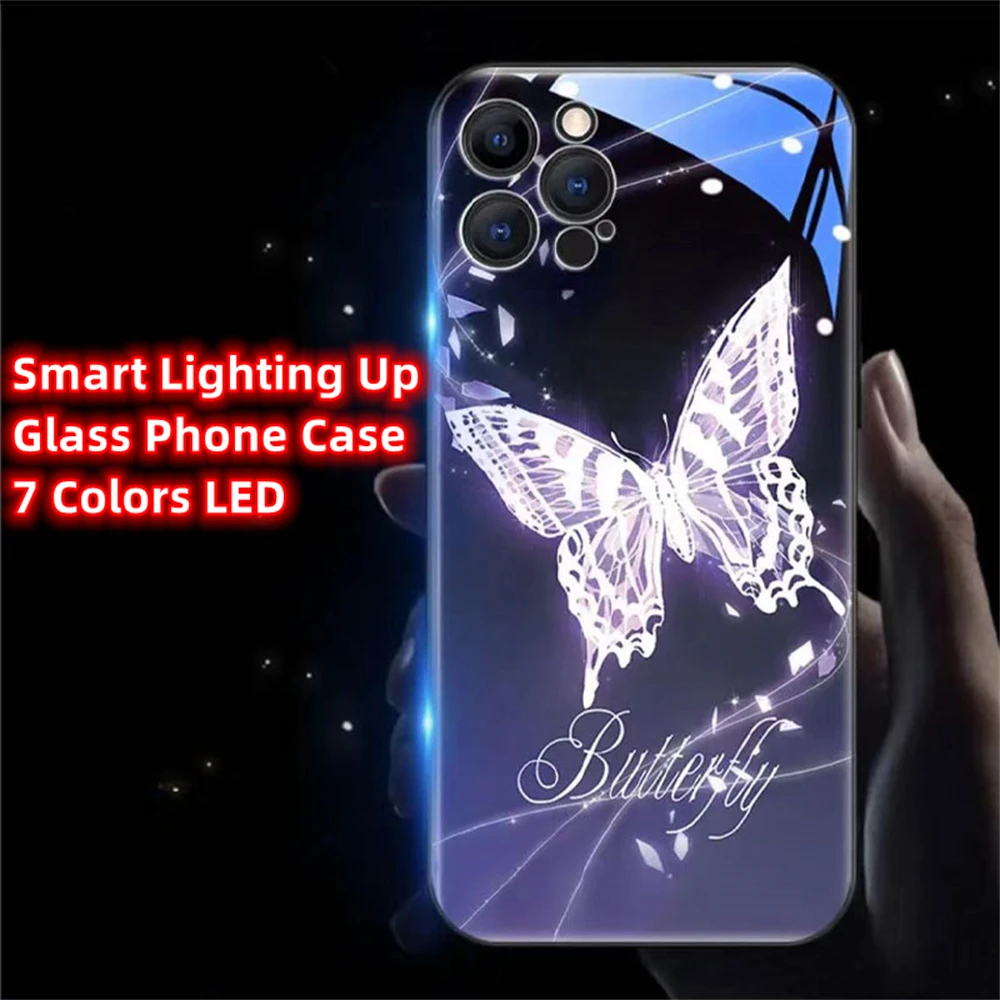 

Pretty Purple Butterfly Sound Control LED Flash Cases Luminous Glass Cover For Samsung S25 S24 S23 S22 S21 S20 FE Plus Ultra