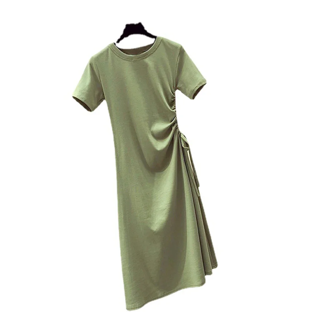 เดรสเสื้อยืดทรงสลิมสไตล์เกาหลีสำหรับผู้หญิง แขนสั้น คอทรงโอ แต่งระบาย ผูกเชือก จับจีบ สำหรับฤดูร้อน