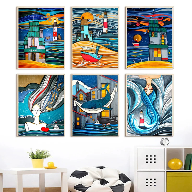 Cartoon Sea Stories Poster Prints Whale Girl and Sea House Canvas Painting Wall Art Picture for Kid Room Home Decoration Cuad