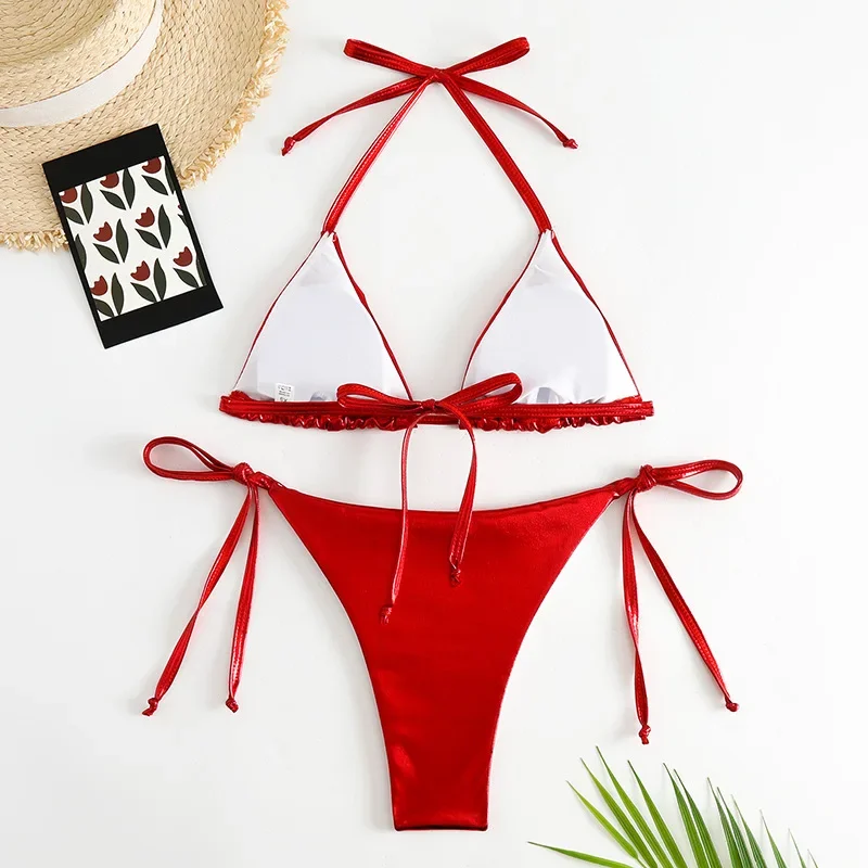 Sexy Red Shiny Triangle Micro Thong Bikinis Sets for Women Mini Swimwear Bathing Suits String Halter Bikini Mujer Swimsuit 2024