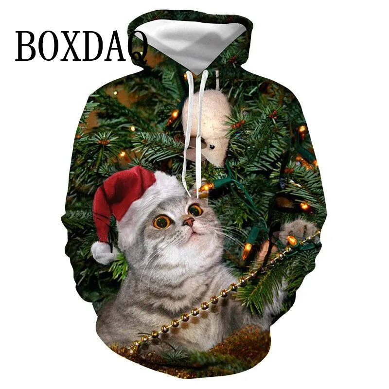 Christmas Cute Cat Women Hoodies 3D Printed Winter Hooded Hip Hop Casual Sweatshirts Hoodie Tops Fashion Loose Pockets New 2025