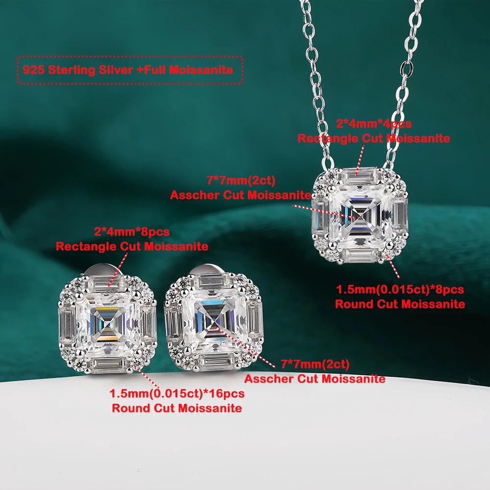 

Комплекты ювелирных украшений с муассанитом огранки Ашер для женщин: колье с подвеской 2 карата, серьги-гвоздики, серебро 925 пробы, подарки