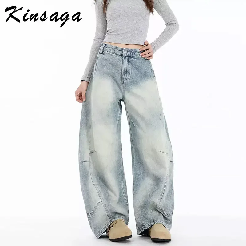 Women Boyfriend Barrel Leg High-rise Tapered Jean Streetwear Curved Hip Loose Wide Jeans Full Length Twisted Baggy Denim Pants