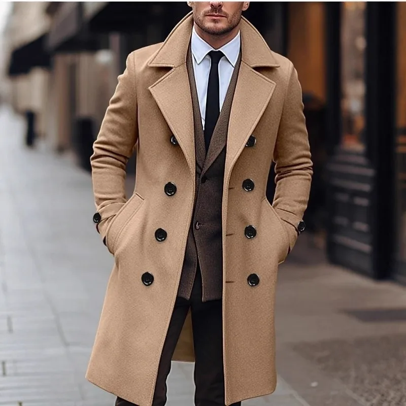 

European American Korean Style Men's Double Breasted Woolen Coat Fashion Solid Color Mid Length Wool Trench Coat