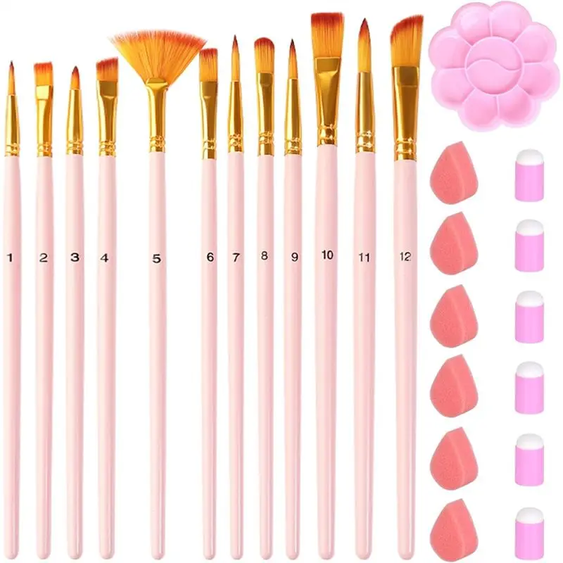 N34R-Detailing For Kids Adult Paint Brushes Set 12 Pcs, Face Paint Brushes& Sponges For Oil Watercolor, Rock Painting B